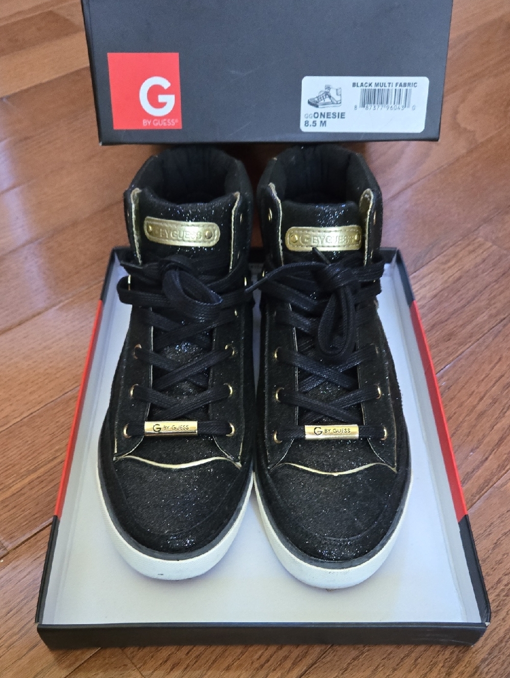 G by Guess Black and Gold Women's Glitter High-Top Sneakers